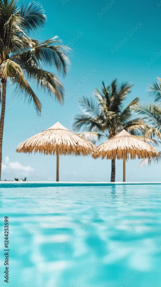 Poster crystal clear turquoise water invitingly ripples in a luxurious hotel pool, bordered by swaying palm