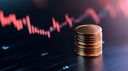 Stack of coins on financial chart with red line graph illuminated