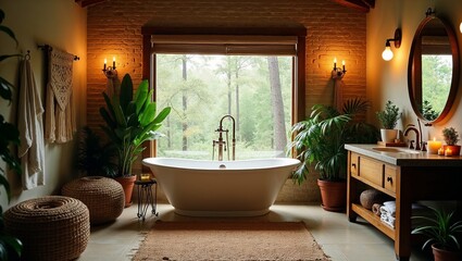 A serene bohemian-inspired bathroom with a majestic freestanding bathtub as its centerpiece, set against a warm, earthy-toned backdrop, devoid of any windows, creating an intimate ambiance
