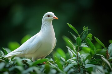 Obraz premium White dove is perched on green bush. Concept of peace and tranquility, as the dove is symbol of hope and freedom
