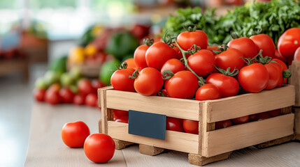 Freshly harvested red tomatoes displayed in wooden crates at a vibrant farmer's market