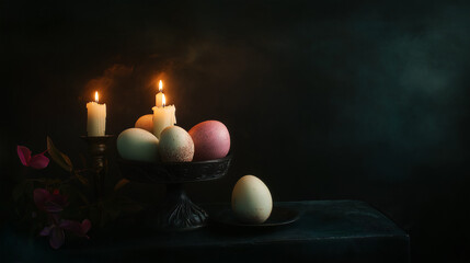 Easter dramatic still life composition with dark backgrounds, featuring glowing candles and richly colored eggs,