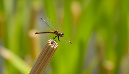 Fototapeta premium a dragonfly sitting on top of a tall plant