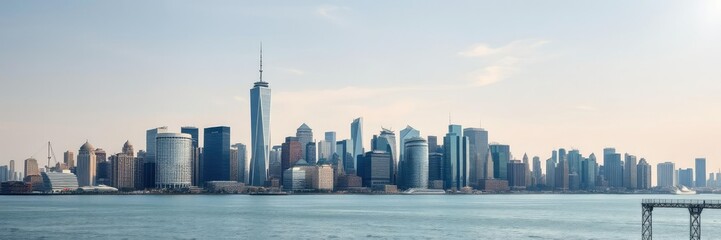 Fototapeta premium Panoramic view of a city's skyline with towering skyscrapers, panoramic views, urban design