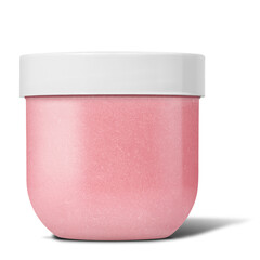 A luxurious pink body scrub in an open jar, designed for gentle exfoliation and deep hydration, perfect for skincare and spa treatments