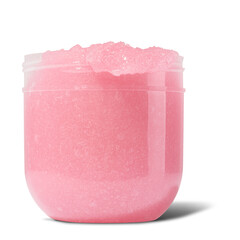 A luxurious pink body scrub in an open jar, designed for gentle exfoliation and deep hydration, perfect for skincare and spa treatments