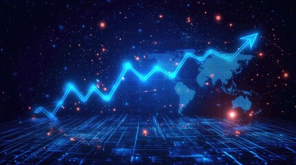 A digital representation of a rising graph overlaid on a world map.