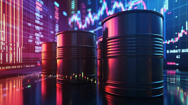 Dynamic oil market fluctuations reflected in financial graphs and energy barrels