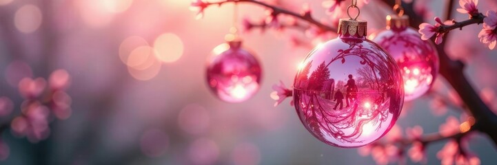 Fototapeta premium Pink glass ornaments shimmering in spring breeze, nature scenery, festive decoration, pink glass