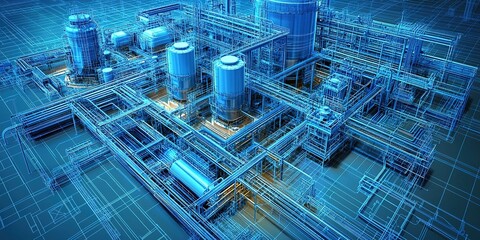 Fototapeta premium Complex industrial structure with interconnected pipelines and equipment in a futuristic design