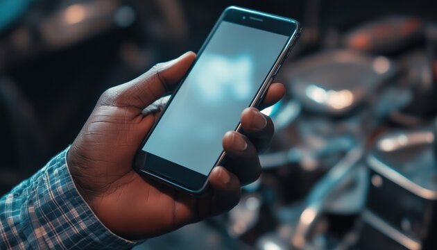 Professional Technician Car Mechanic Man Browsing Mobile Cell Phone To Fix Problem In A Shot With Selective Focus On Hand.