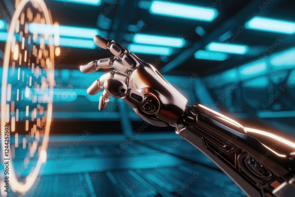 Poster A metallic robotic hand interacts with a futuristic digital interface, showcasing advanced technology.