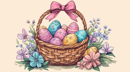 Watercolor basket filled with pastel-colored eggs, fresh tulips, and daffodils