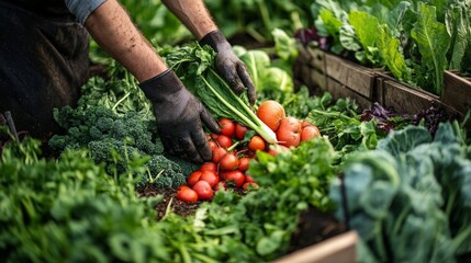 Fototapeta premium Fresh Vegetables Harvested by Farmer in Organic Garden Bed