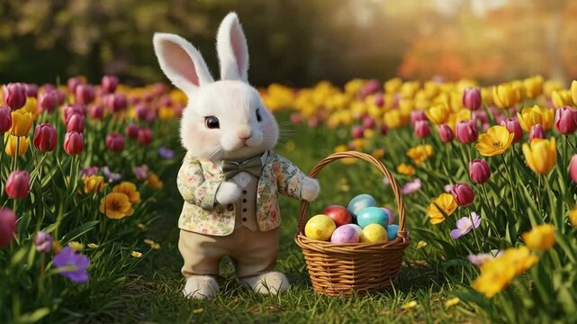 Cute white bunny holding colorful easter eggs inside wicker basket among tulips field