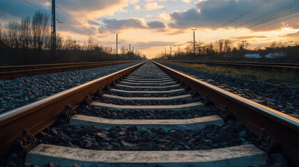Fototapeta premium A perspective view of railway tracks stretching into the horizon during sunset.