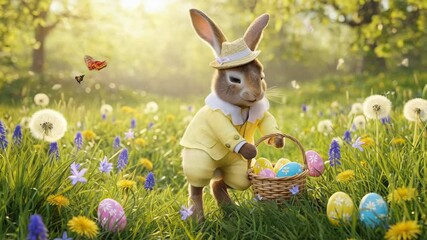 Funny Easter bunnies character speaking while holding easter eggs on basket in the park - Powered by Adobe