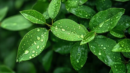 Fresh Green Leaves With Water Droplets After Rainfall in Nature