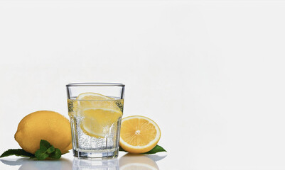 Fototapeta premium Refreshing Lemon Water with Lemon Slices and Lemon Balm on a White Background