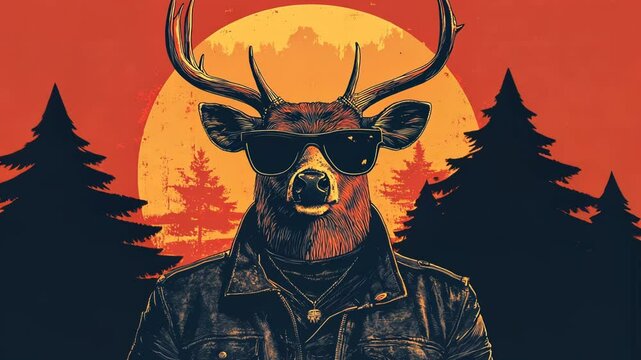 Cartoon Vector Illustration of a Silhouette Deer Head with Antlers in Nature