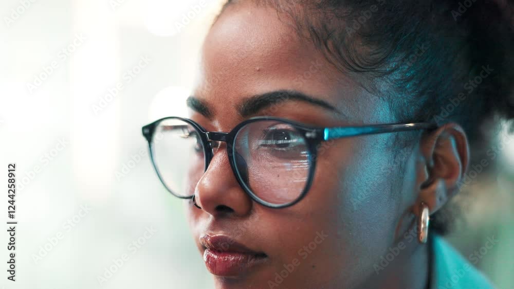Aufkleber Woman, face and programming with glasses on computer for software development, coding or web design at office. Closeup, female person or app developer with sight for cybersecurity or UI maintenance
