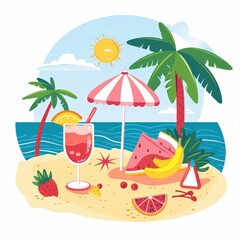 A beach scene with a glass of pink drink, a banana, and a watermelon