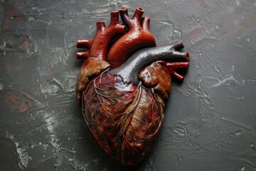 Highly detailed anatomical model of human heart resting on dark textured surface, showcasing intricate network of arteries and veins