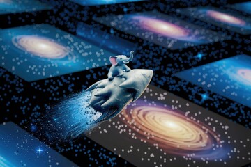 Fototapeta premium A cute elephant rides a rocket through a cosmic landscape of swirling galaxies.