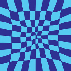 blue Psychedelic checkerboard background with warped wavy grid tile. Twisted checkered seamless geometric pattern in groovy style. Color chessboard posters with distortion effect, vector illustration.
