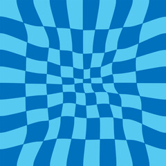 blue Psychedelic checkerboard background with warped wavy grid tile. Twisted checkered seamless geometric pattern in groovy style. Color chessboard posters with distortion effect, vector illustration.