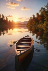 Fototapeta premium Rowing boat in a calm lake at sunset with the sun's last rays, horizon, peaceful, sunset