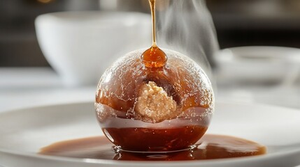 Sphere dessert, sauce pouring, kitchen, steam, food blog