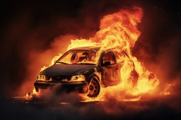 Burning Car on Fire. Flames and Smoke on Background with Fire Brigade and Safety as Priority