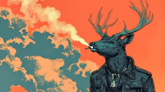 Silhouette Vector Illustration of a Stag and Reindeer under a Tree Against a Sky in Nature Art