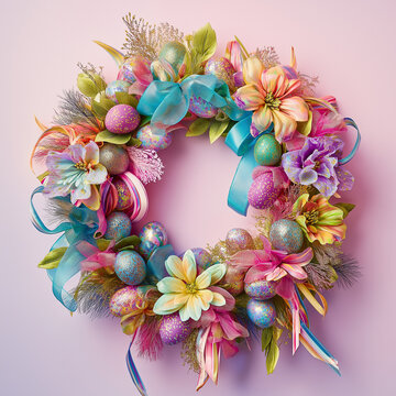 colored wreath featuring oversized flowers, ribbons, and glittering Easter eggs