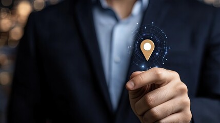 A businessman touches a digital location icon on a virtual screen, showcasing a global network with map pins and data elements