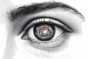 Fototapeta premium Close‑up digital illustration of a human eye featuring a spiral galaxy as the iris, blending realism and cosmic surrealism in a striking contemporary visual concept.