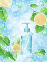 A refreshing design featuring a bottle of liquid surrounded by lemon slices and green leaves.