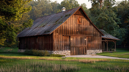 A rustic wooden barn surrounded by greenery and a gravel path, evoking tranquility.