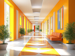 Fototapeta premium 3D render of spacious hospital hallway with bright lights and seating