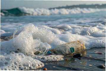 Obraz premium Ocean Pollution Cleanup, A plastic bottle lies on a beach, surrounded by foam and waves, highlighting the impact of pollution on coastal environments.
