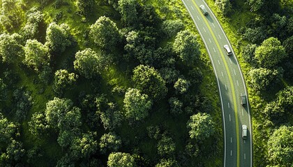 Cars drive on winding asphalt road surrounded by lush green forest. Aerial view of transport infrastructure.