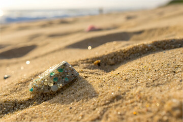 Ocean Pollution Cleanup, A close-up of a textured sand surface with a colorful stone or piece of glass, glistening under sunlight near a beach.
