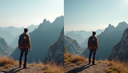 Obraz premium Man observing stunning mountains after using drops, clarity revealed