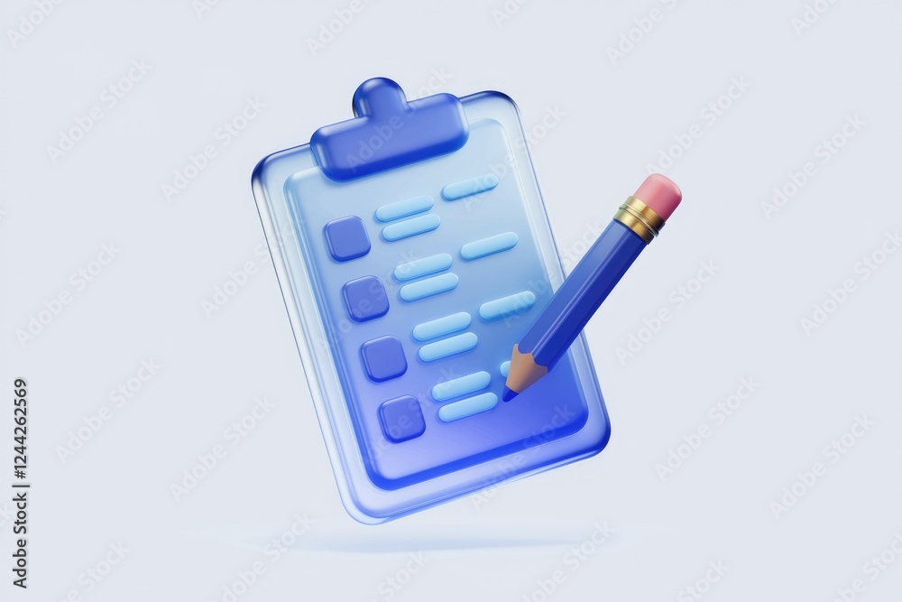 Poster 3d rendering of a checklist clipboard with a pencil, signifying planning and organization.