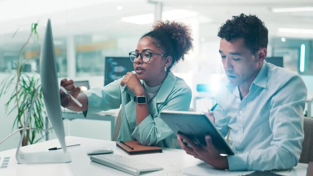 People, coding and teamwork on computer for research, project and collaboration in office. Programmer, tablet update or developer with technology for web development, programming or building software