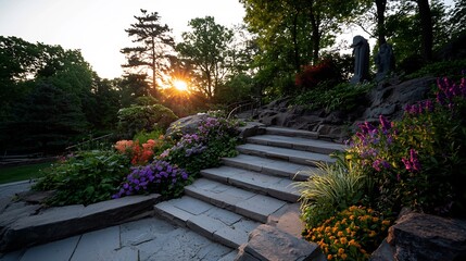 Obraz premium Sunset Garden Pathway with Colorful Flowers and Stone Steps