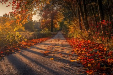 Obraz premium Autumnal path lined with vibrant red and orange leaves, bathed in golden sunlight.