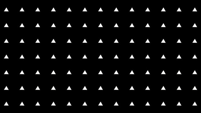 White triangle shapes rotating dynamic pattern animation on black background seamless looping backdrop