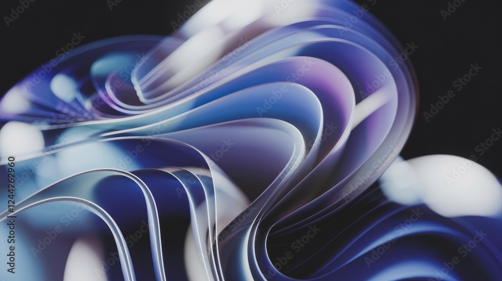 Poster abstract image of flowing, layered paper in shades of blue and purple, creating a dynamic, artistic 